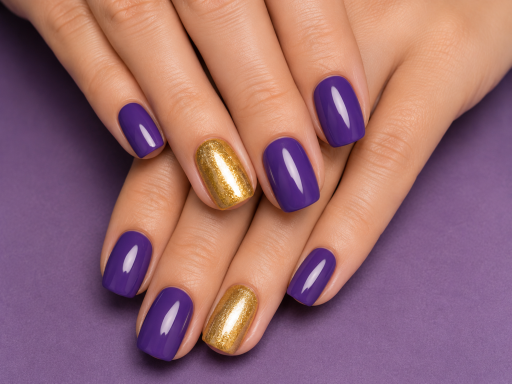simple purple nails with one gold accent
