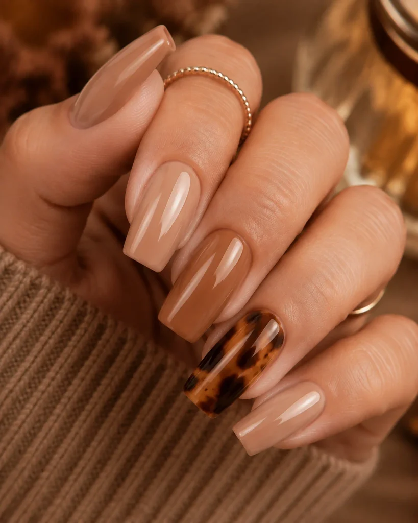 Square Nails With Tortoiseshell Accents