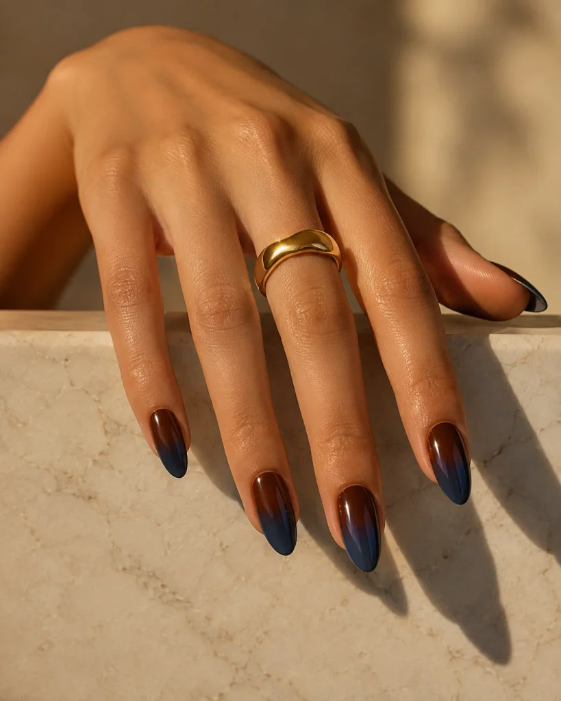 Two-Tone Ombre Brown and Blue Nails