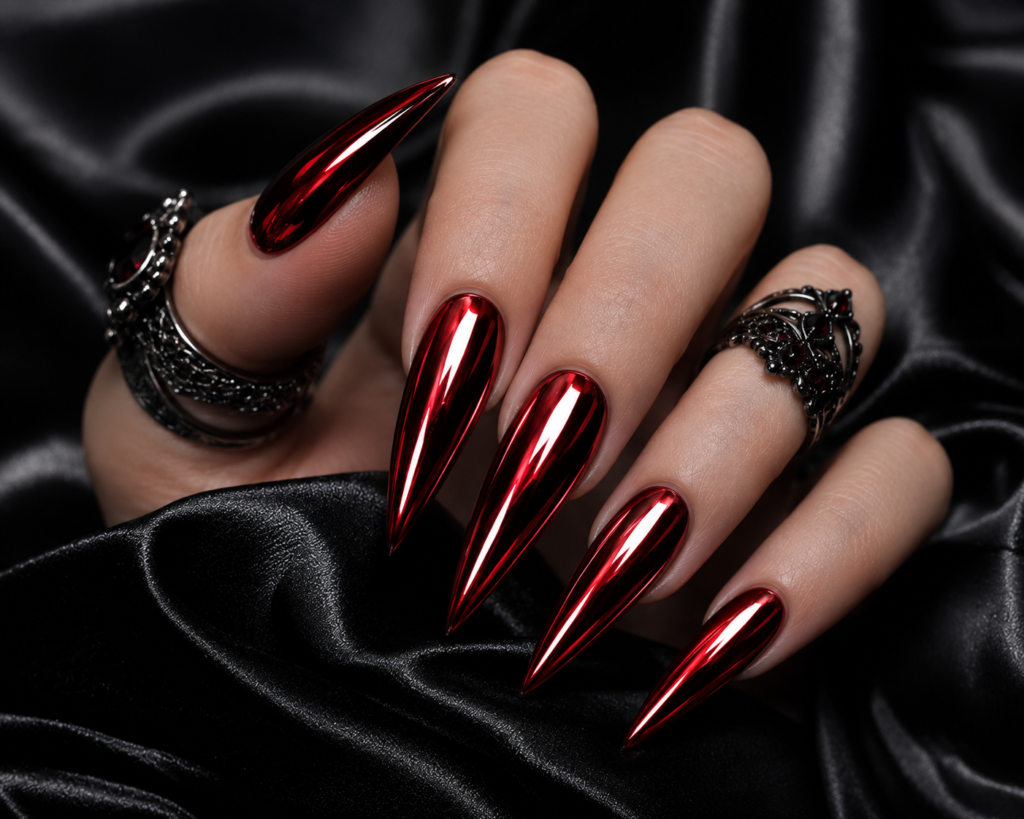 Vampire Red Chrome Nails