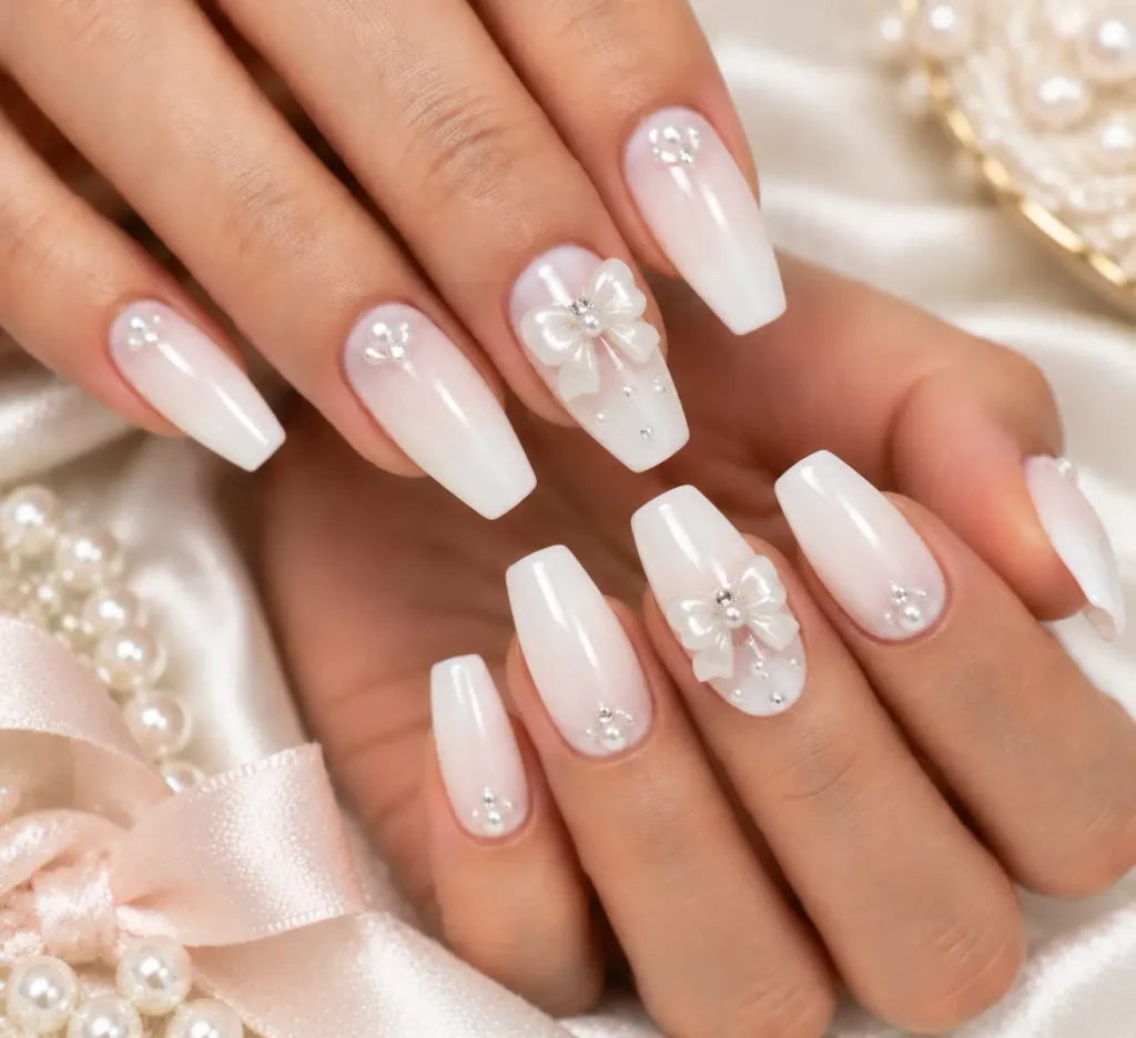 3D Bow White Hoco Nails