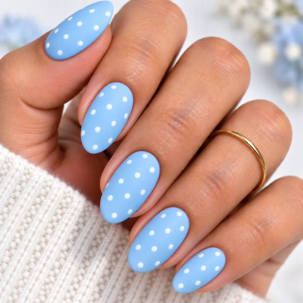 Baby Blue Base with White Polka Dot Nails