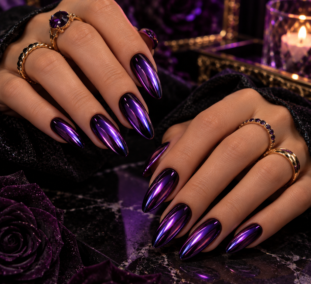 Black Base Purple Chrome Nails