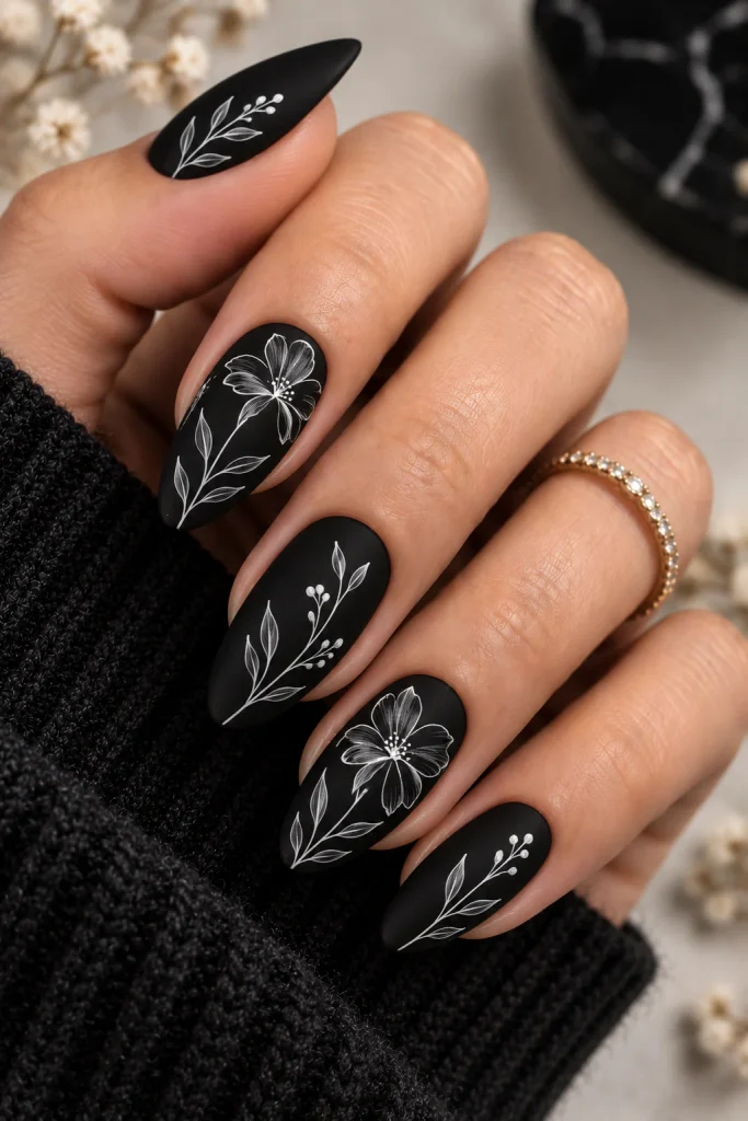 Black Base with White Floral Line Art