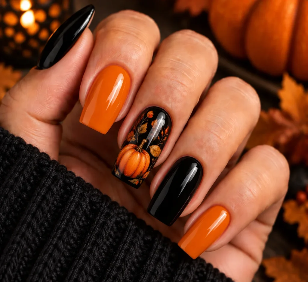 Black and Orange Pumpkin Nails