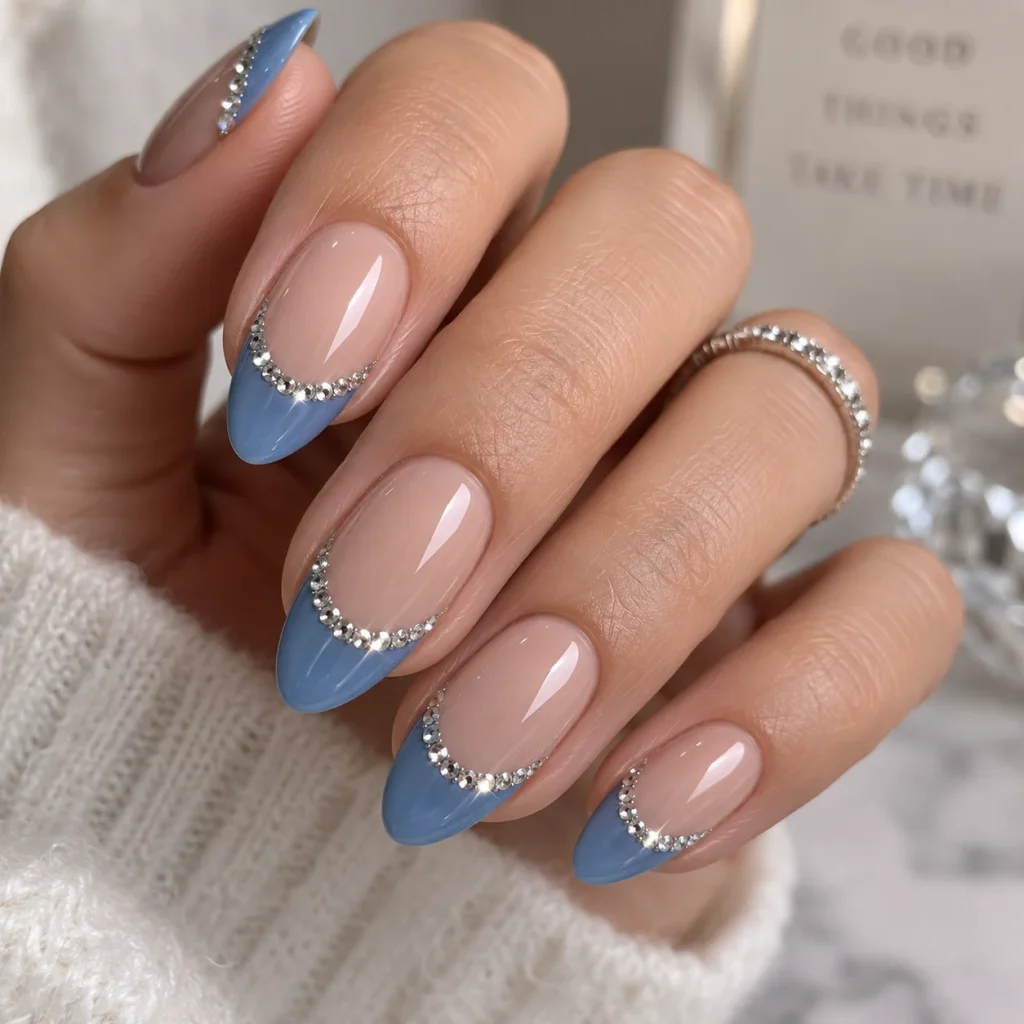  Blue French Tips with Rhinestone Line 