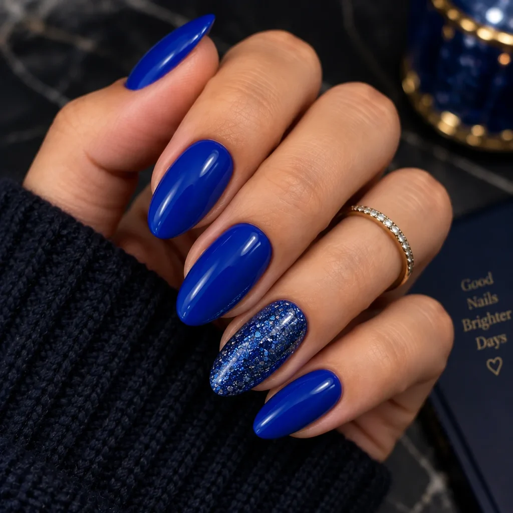 8. Full Glitter Blue Nails