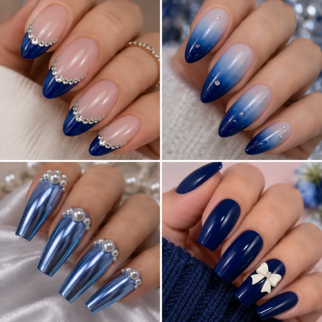  Blue Nails with 3D Bow Accent 