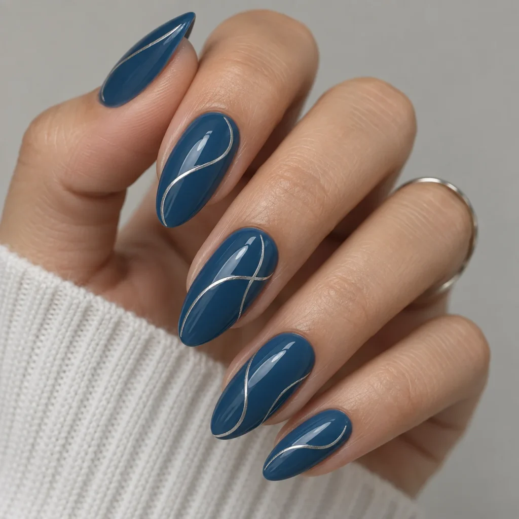 Blue Nails with Abstract Line Art 