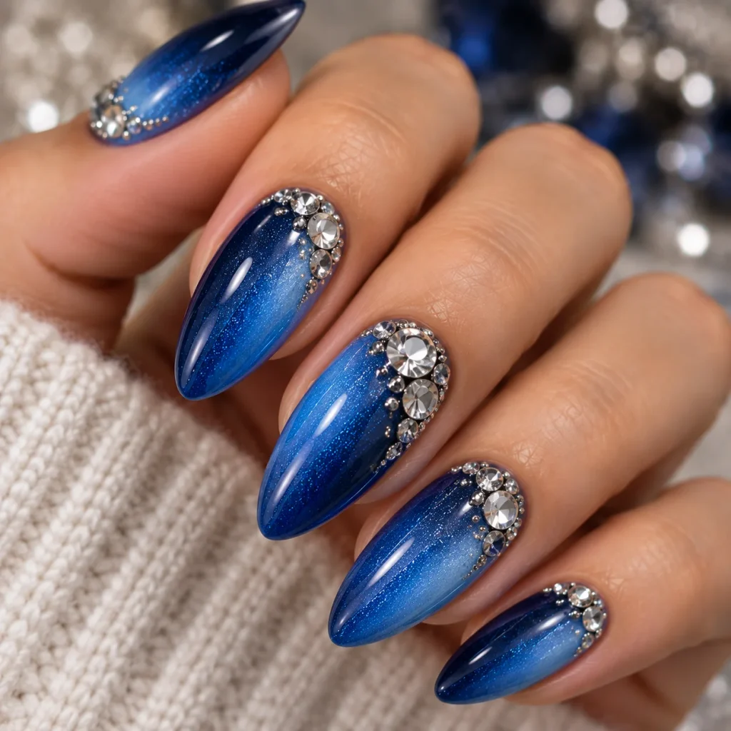 Blue Nails with Silver Rhinestones