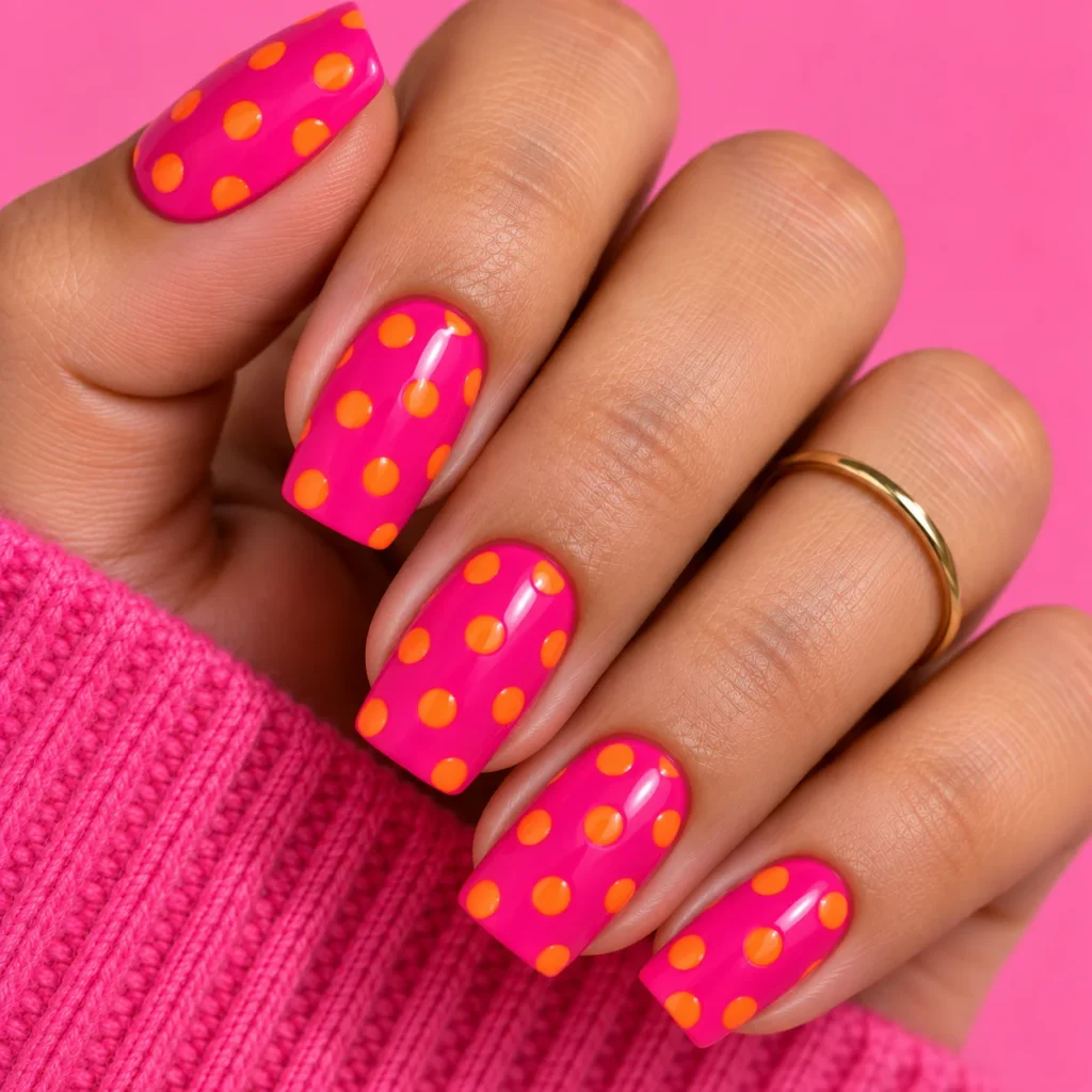 Bright Orange and Pink Polka Dot Nails