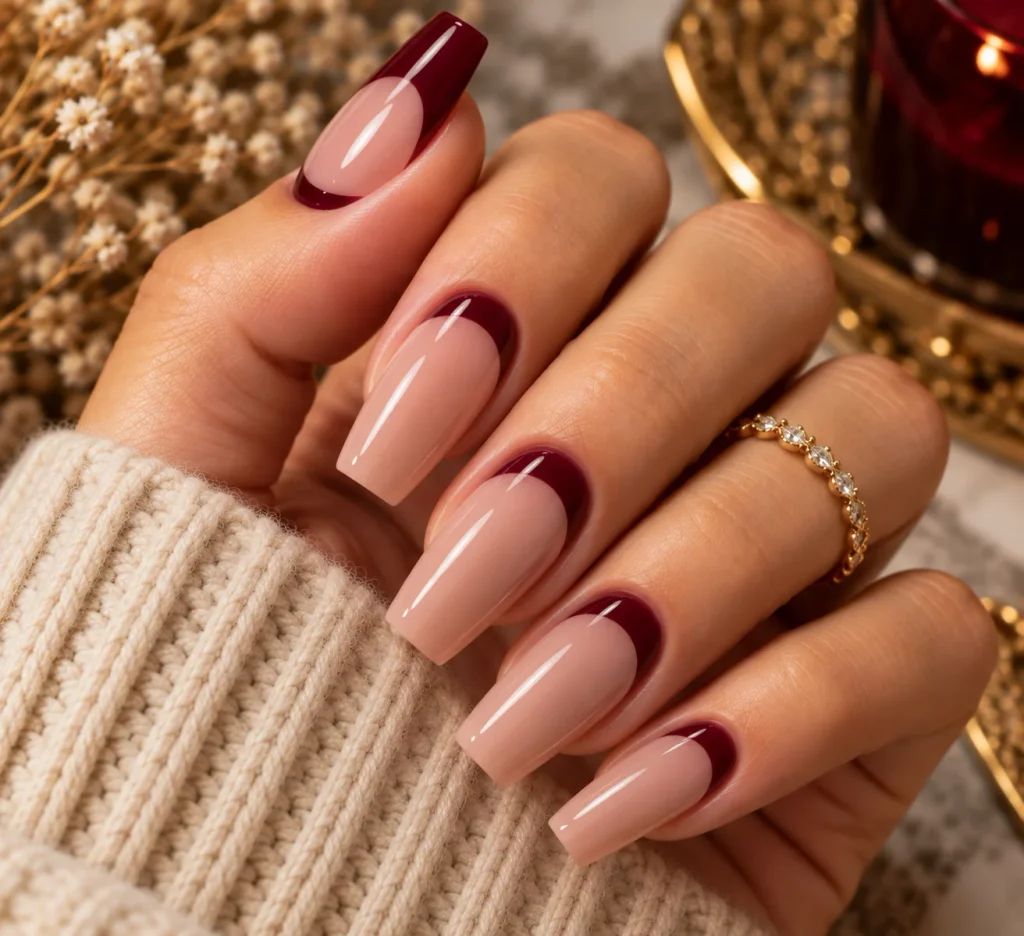 Burgundy Half-Moon Thanksgiving Nails