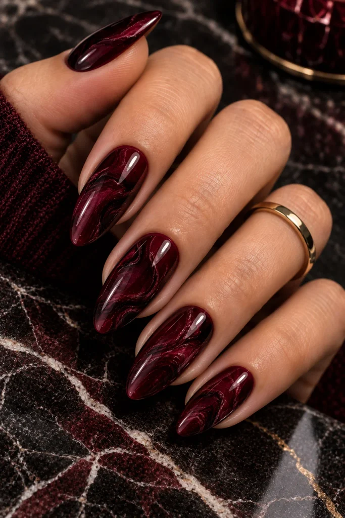 Burgundy Marble Nails