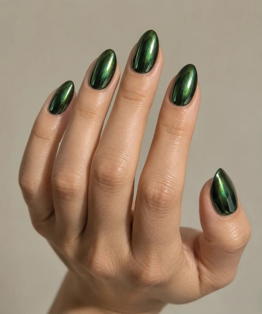 Forest Green Chrome Nails 