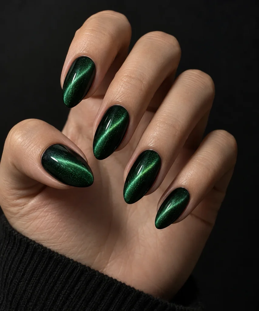 Deep Green Cat Eye Nails 