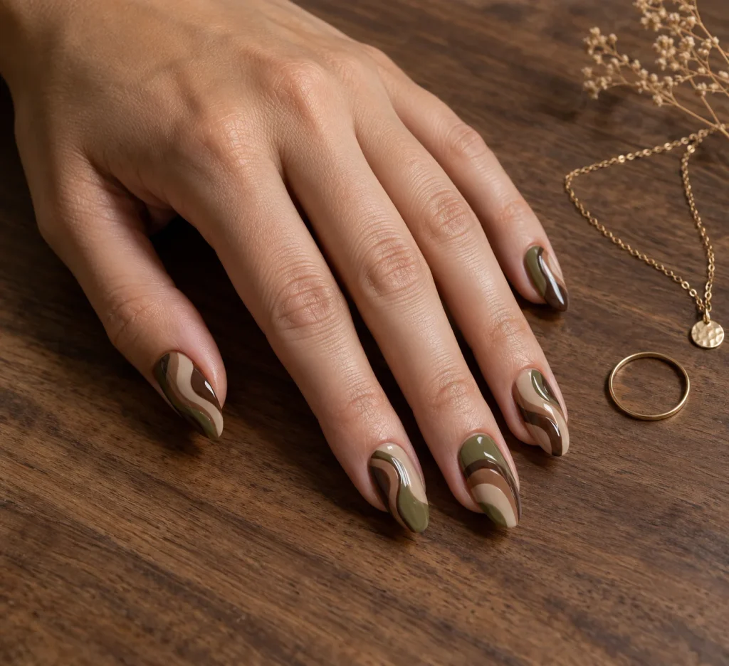 Green and Brown Swirl Nails