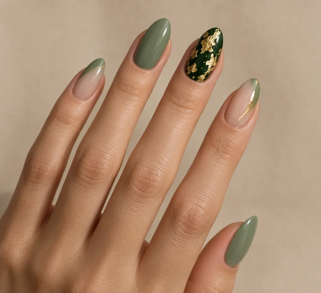  Green and Gold Foil Accent Nails 