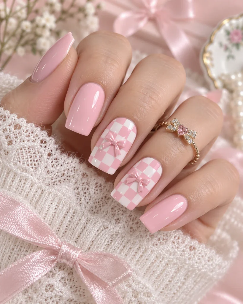 Checkerboard Pastel Coquette Nails