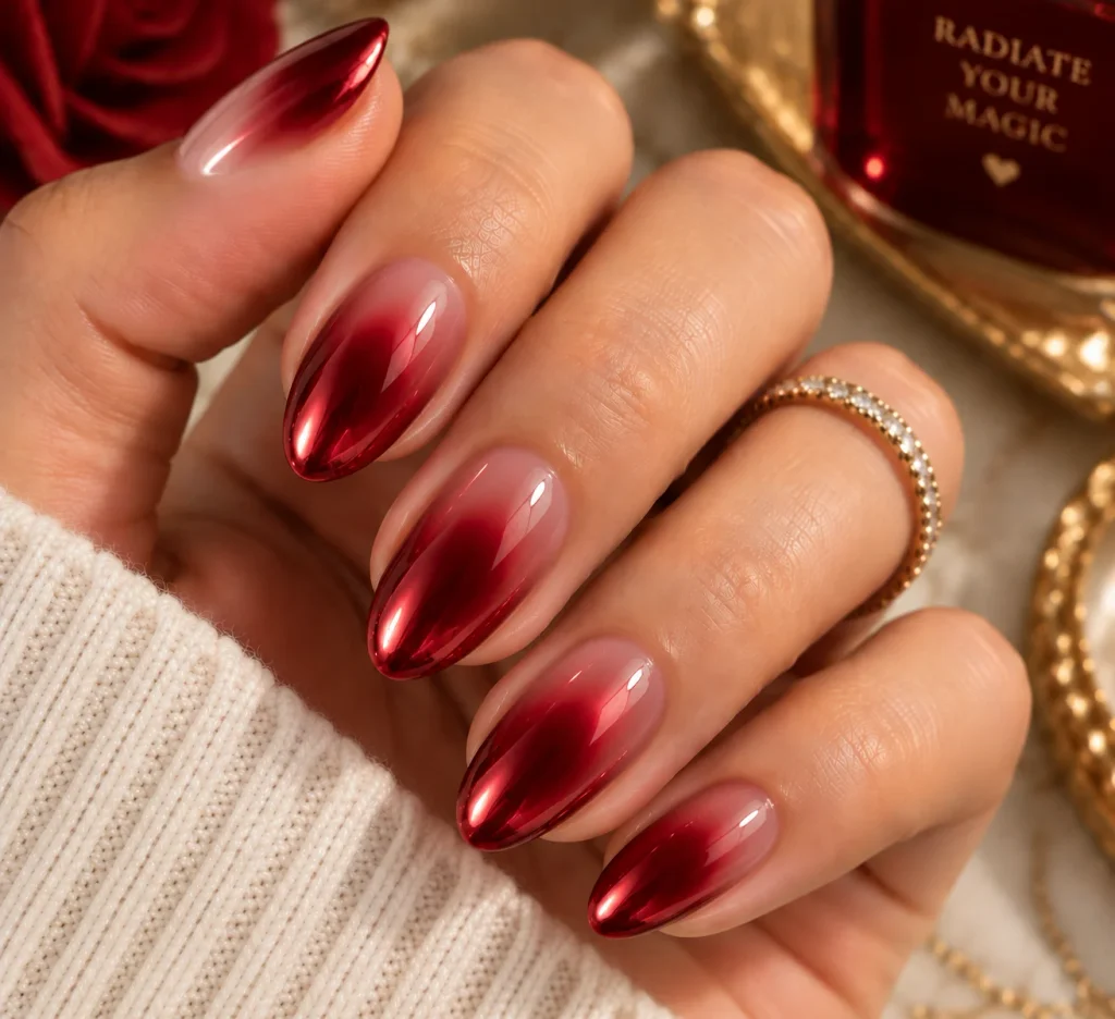 Cherry Red Chrome Aura Nails