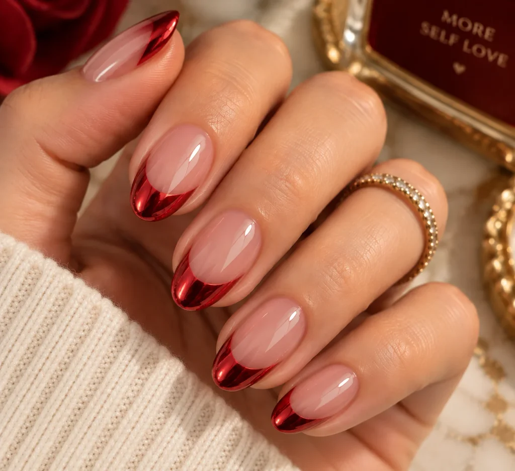 Cherry Red Chrome French Nails
