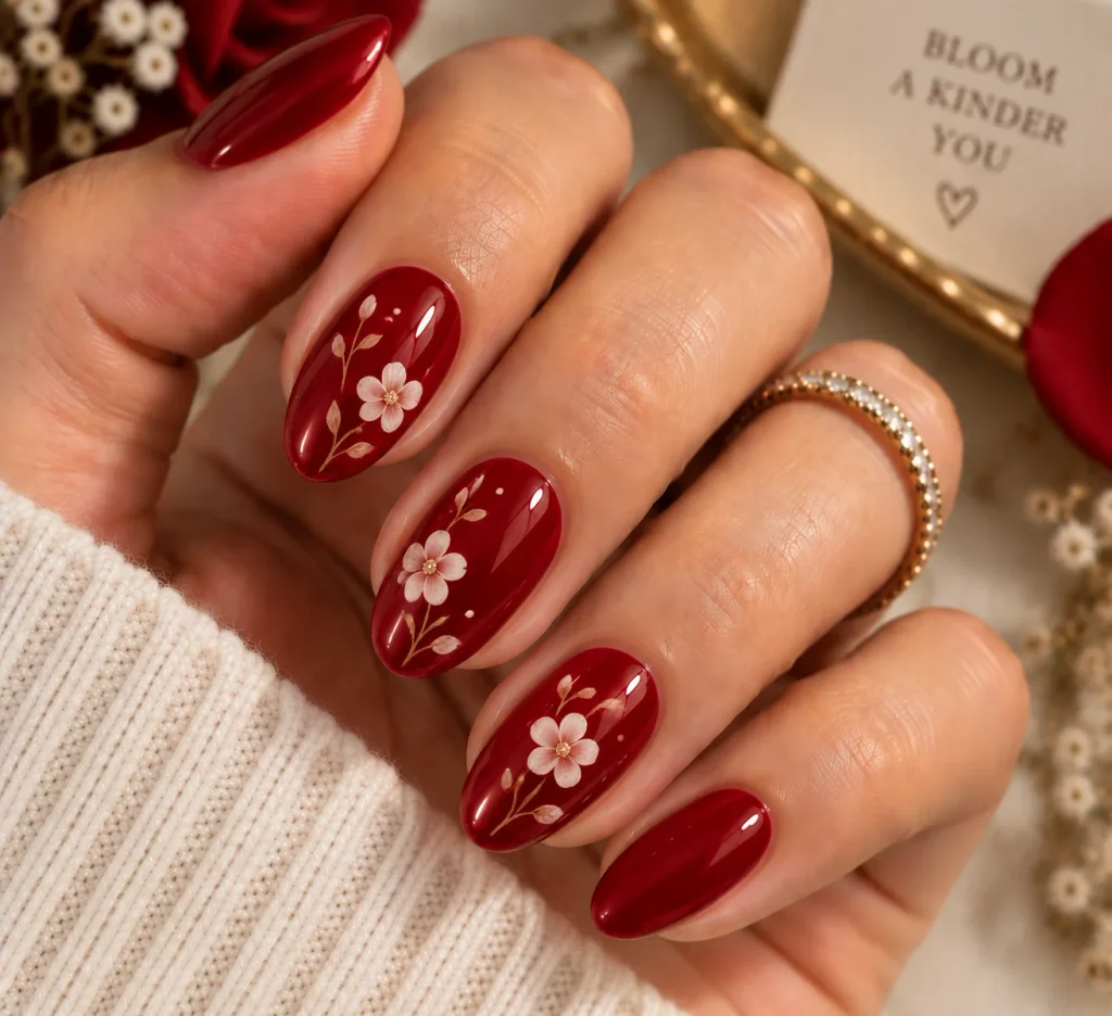 Cherry Red Floral Nail Art