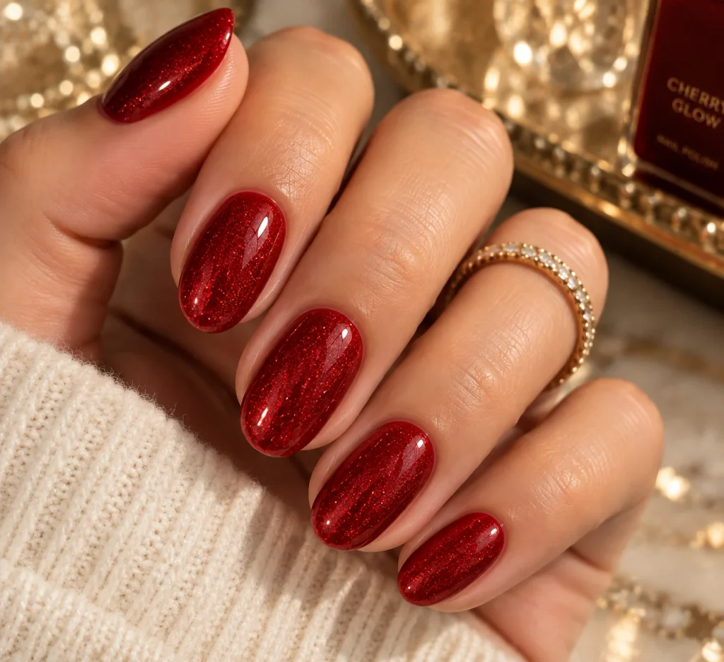 Cherry Red Glitter Nails
