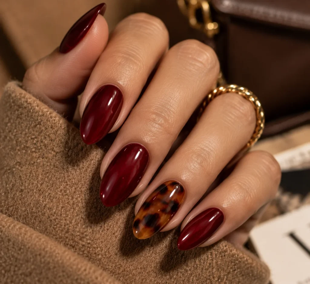 Cherry Red Tortoiseshell Accent Nails
