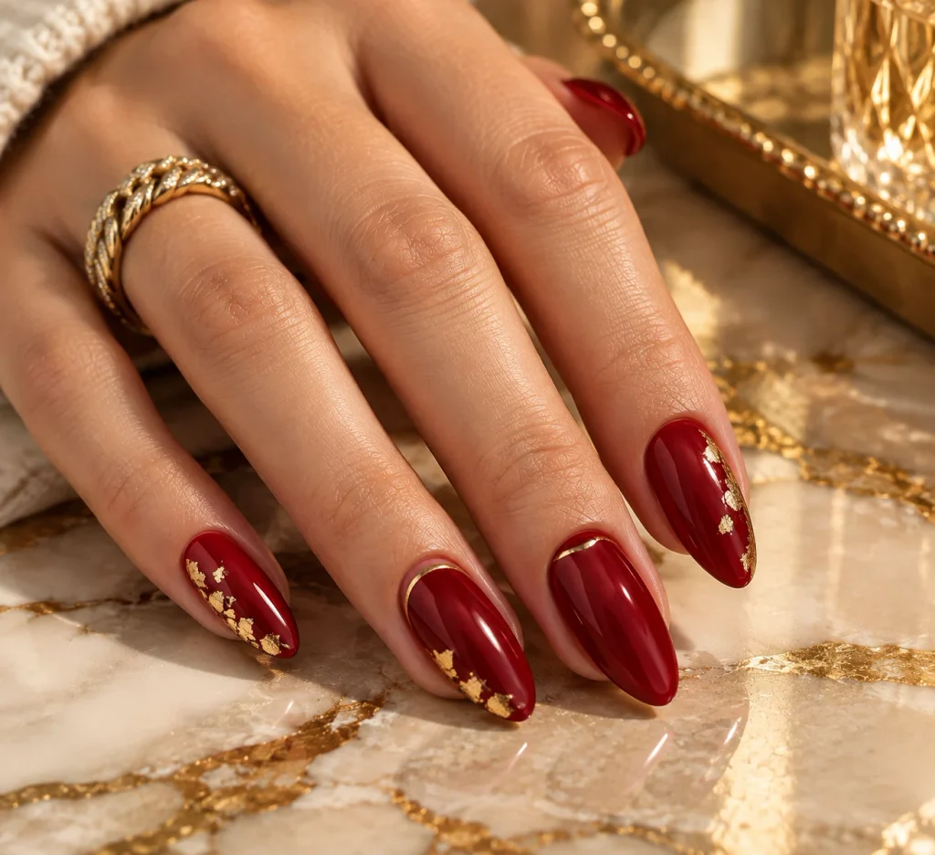 Cherry Red Nails With Gold Details