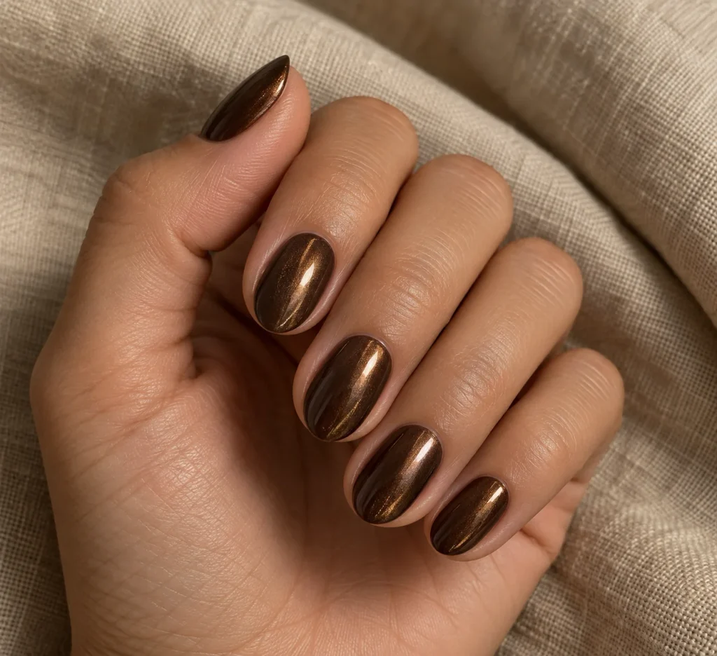 Chocolate Brown Chrome Short Fall Nail Ideas
