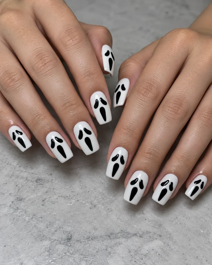 Classic Black and White Ghost Face Nails