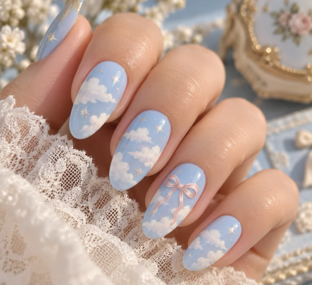  Cloud Nails with Bow Detail