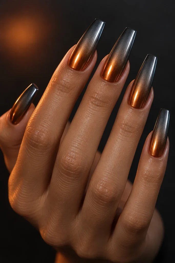 Copper to Gunmetal Ombre Chrome Nails 