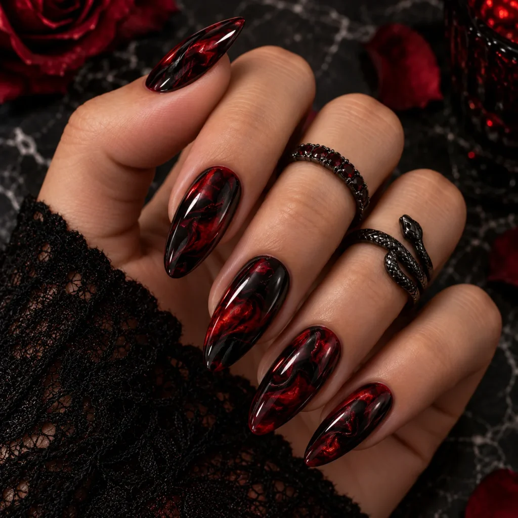 Dark Red and Black Marble Halloween Nails