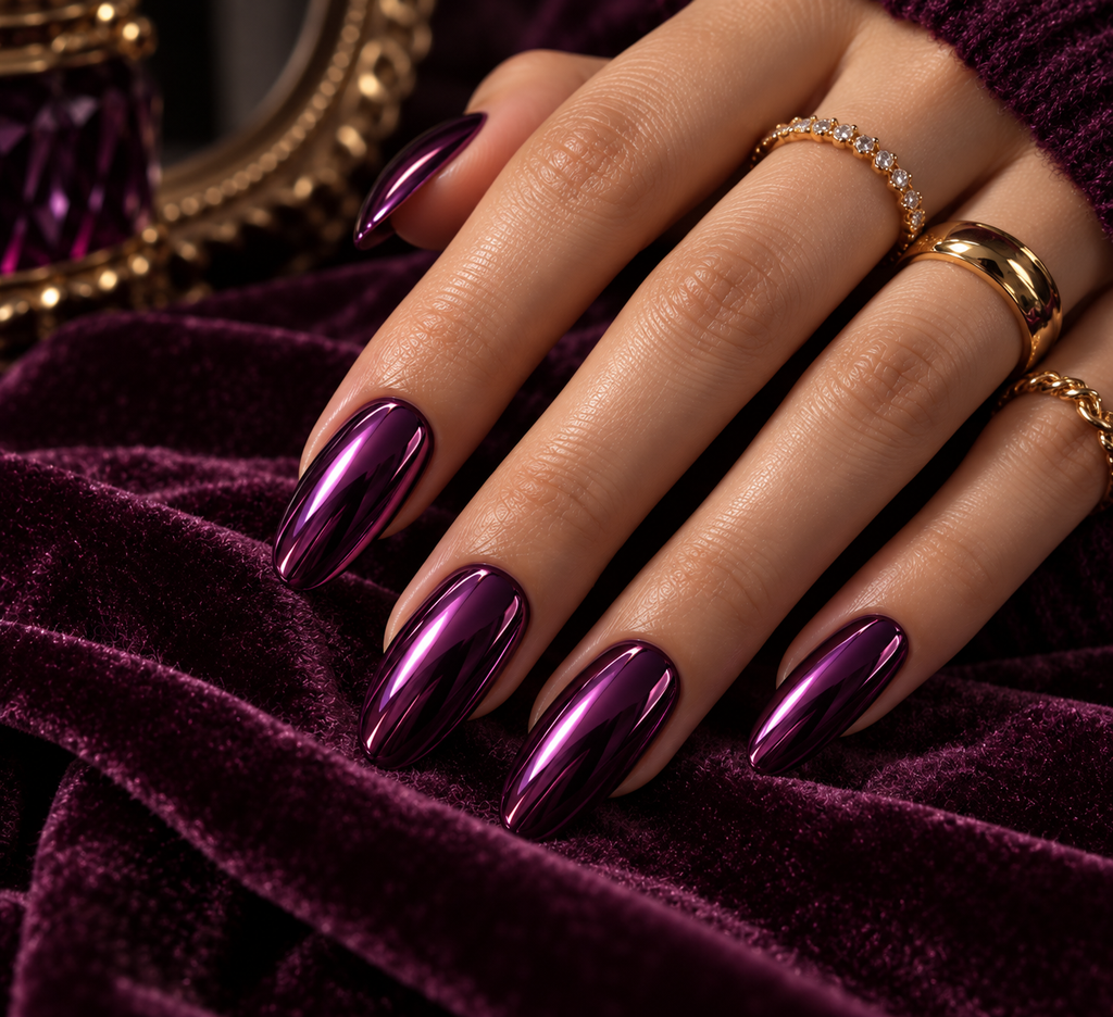 Deep Plum Purple Chrome Nails
