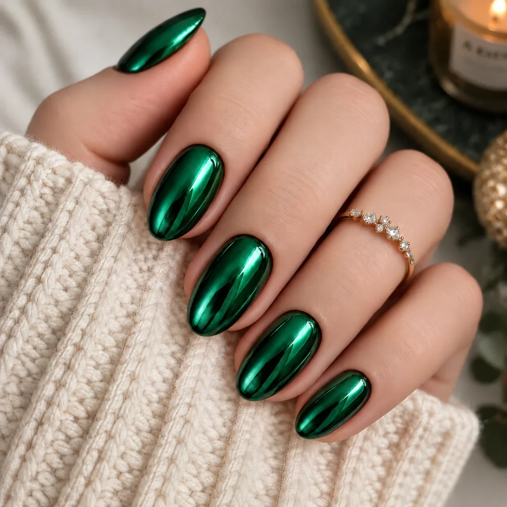Emerald Chrome Christmas Nails