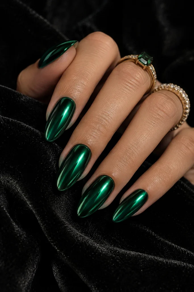 Emerald Green Chrome Nails