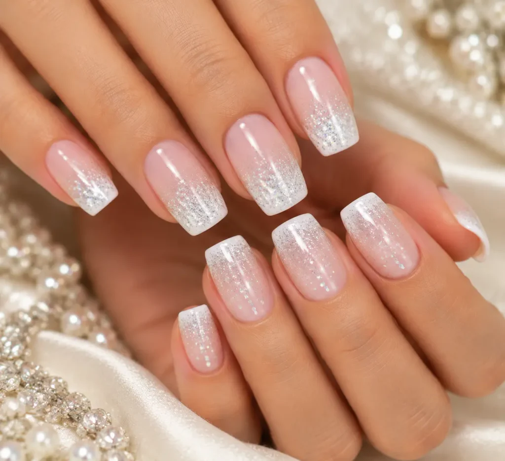  Glitter Gradient White Hoco Nails