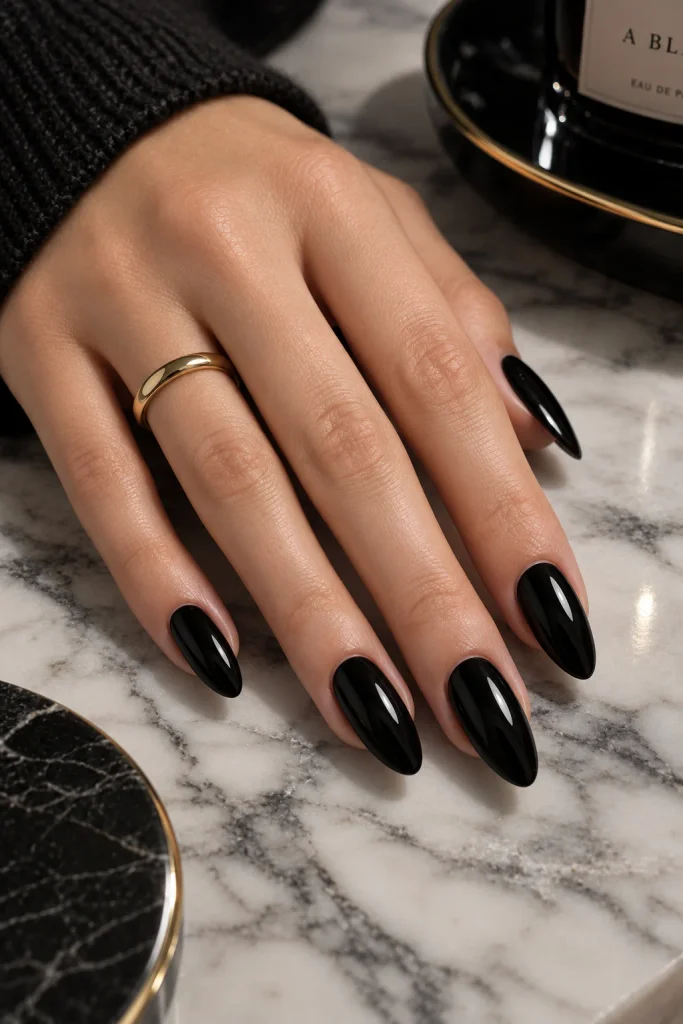  Glossy Black Almond Nails