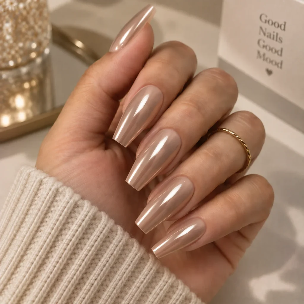 Glossy Chrome Nude Nails