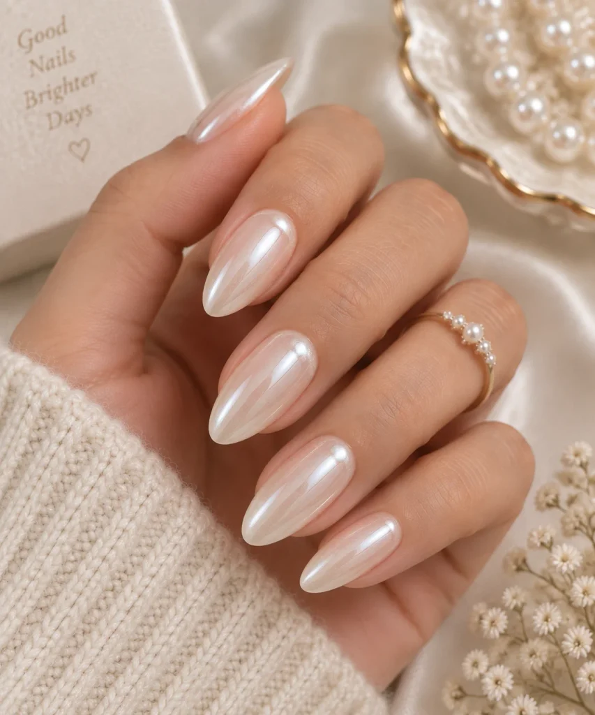 Glossy Pearl Almond Nails