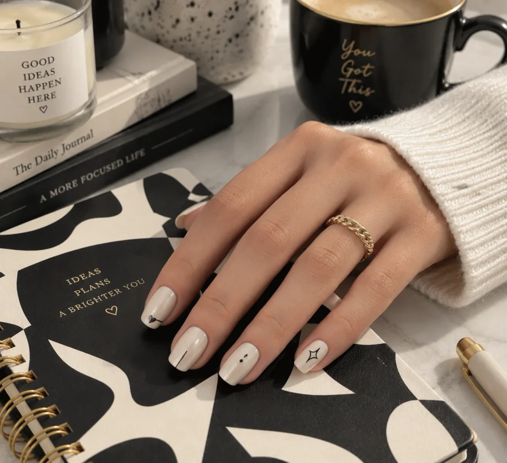 Ivory Nail With Black Micro Details