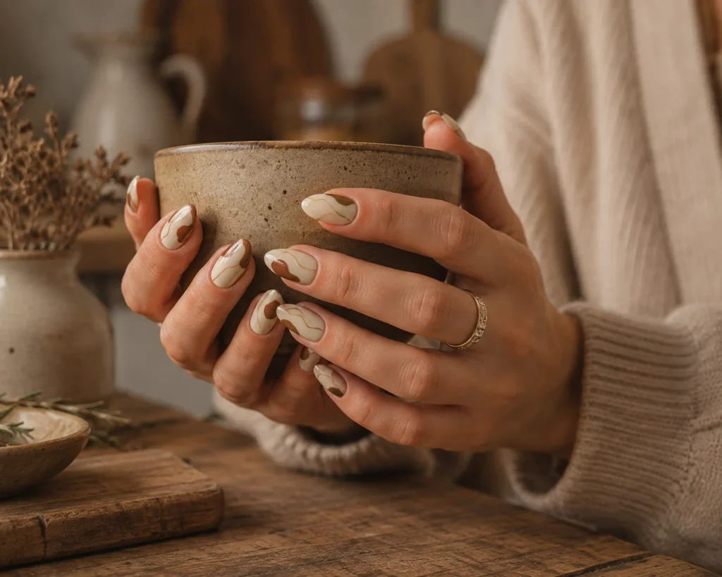 Ivory and Brown Abstract Nails