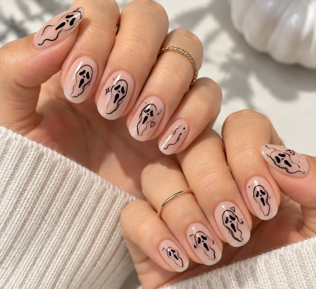 Line Art Ghost Face Manicure