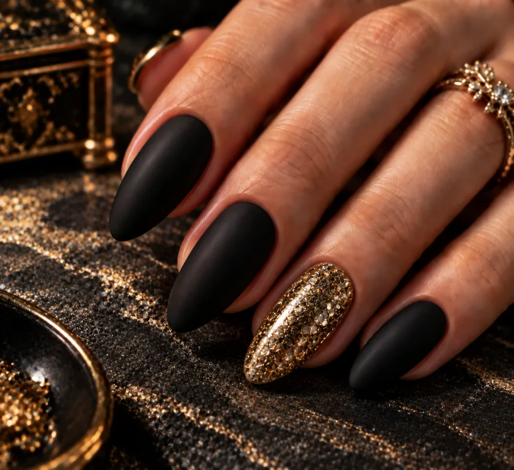 Matte Black with One Glitter Nail