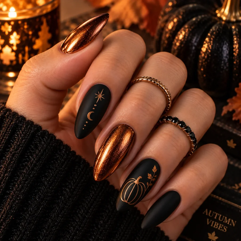 Metallic Copper and Black Halloween Nails