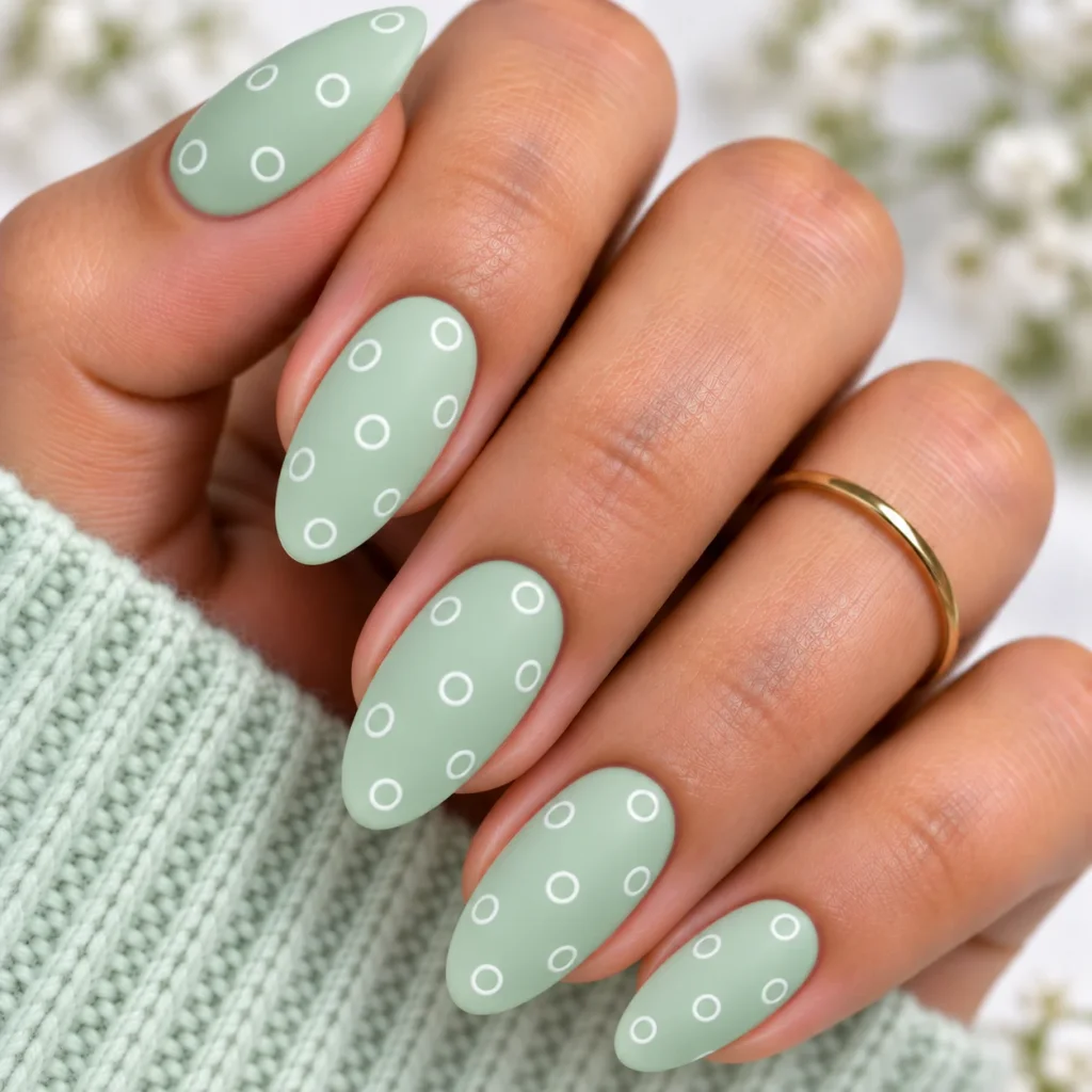 Mint Green with White Outline Polka Dot Nails