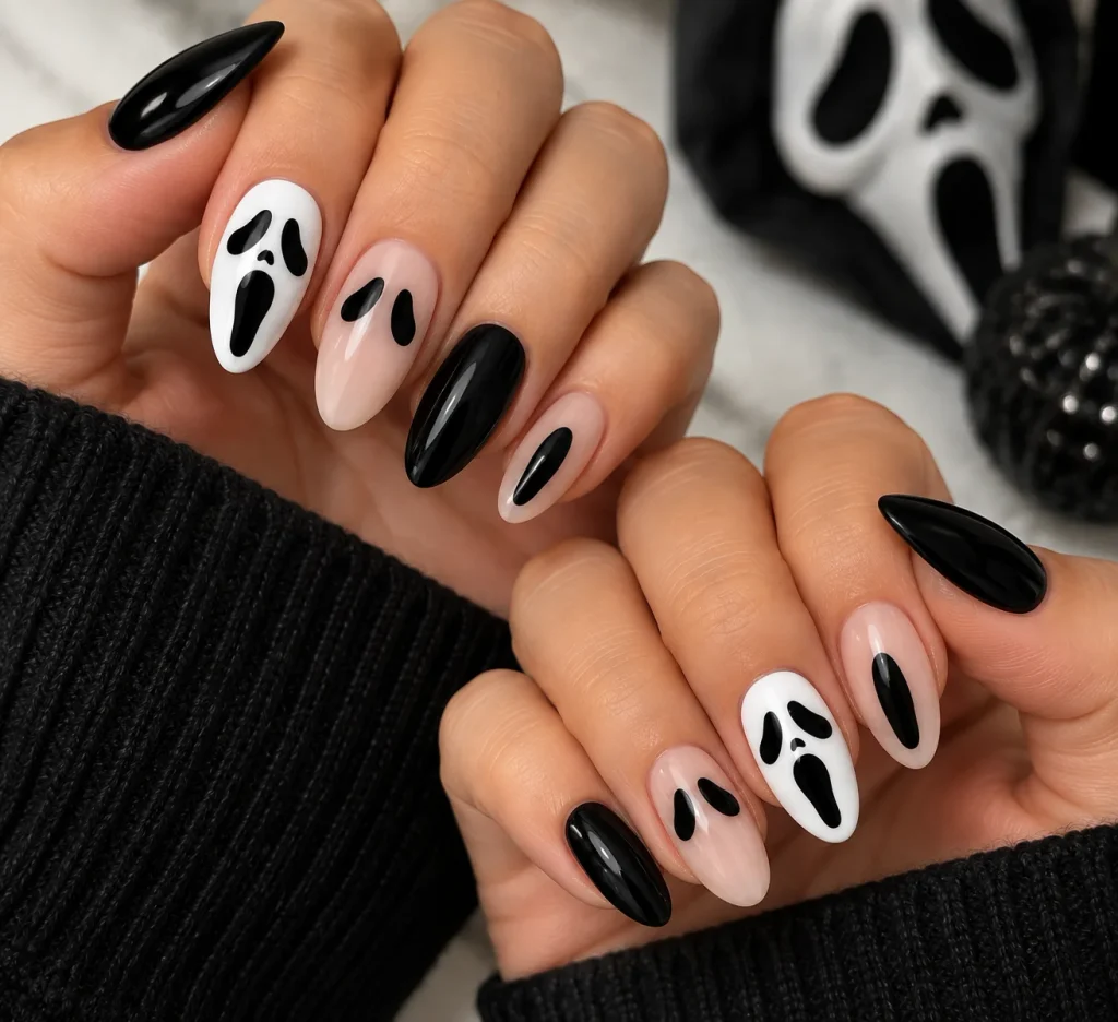 Mismatched Ghost Face Manicures