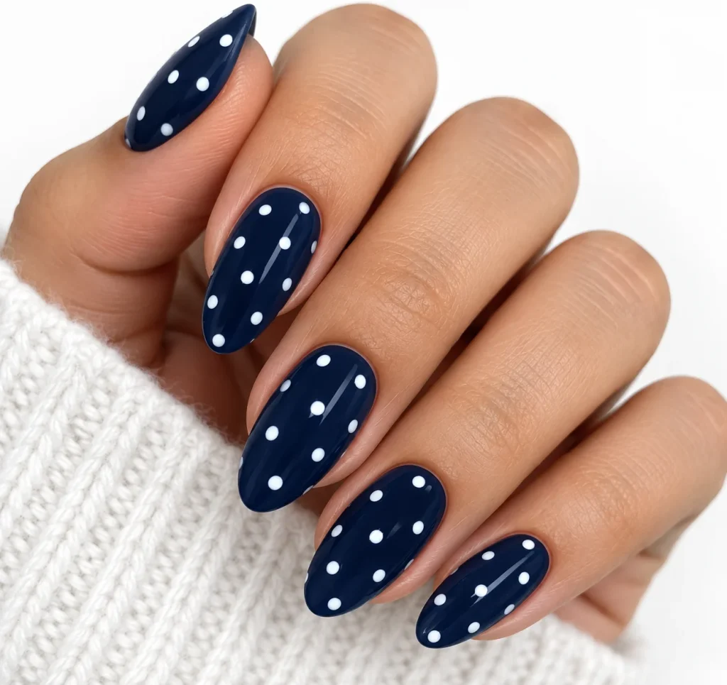 Navy and White Polka Dot Nails