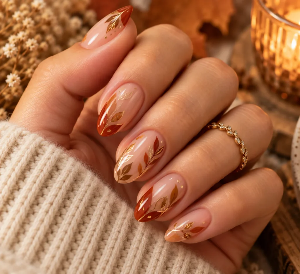 Negative Space Leaf Thanksgiving Nails
