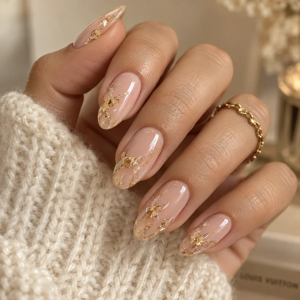 Nude Nails with Gold Foil Accents